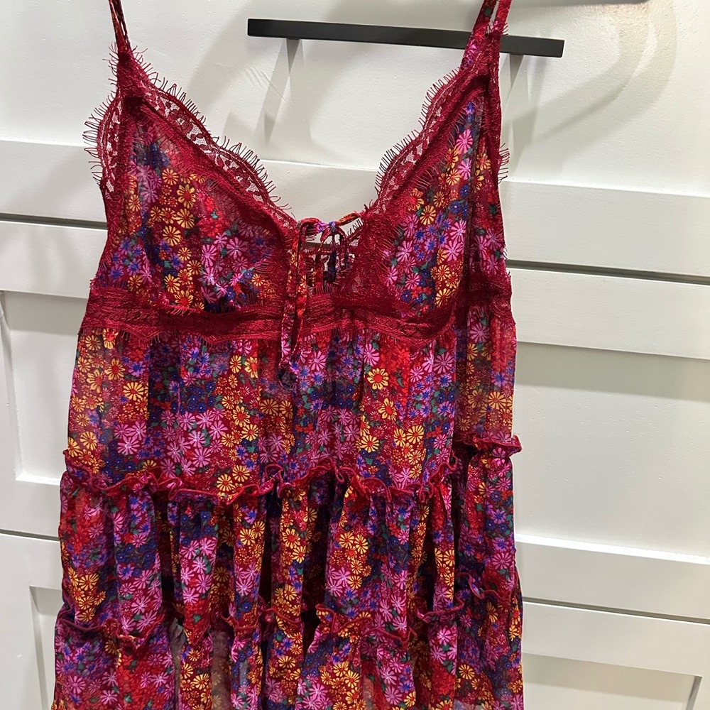 Free People Red and Pink Floral Chemise